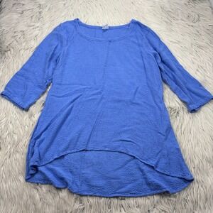 CMC Color Me Cotton Women's L Blue Textured Linen Blend Tunic Top Lagenlook Boho